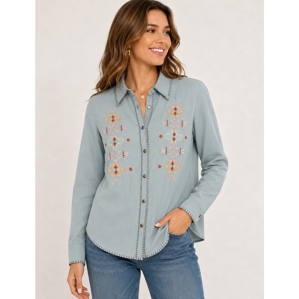 MARTINI RANCH Embroidered Western Button Front Shirt Blue Large  Southwestern - Picture 3 of 8